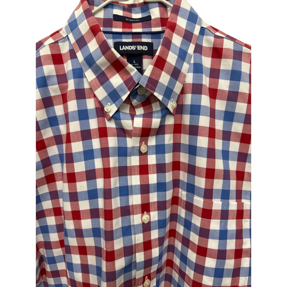 Lands’ End Shirt Men's L 16 Red Blue Plaid White Button Up 100% Cotton